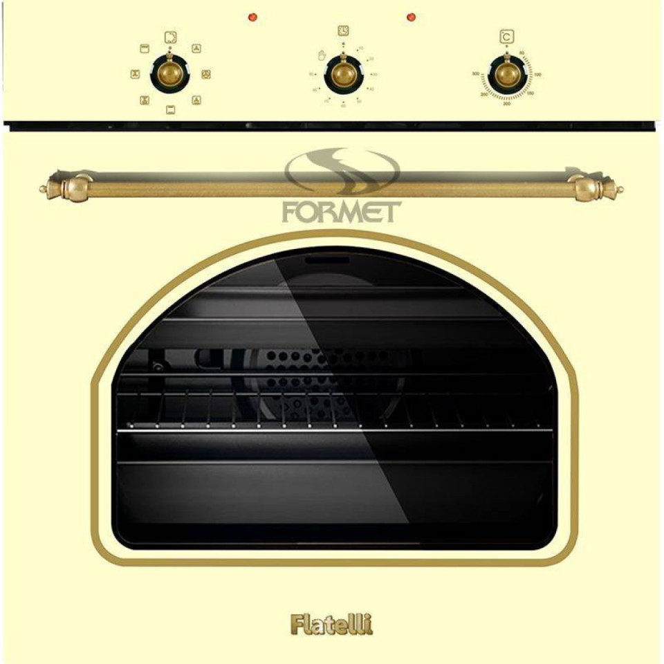 Cream rustic model 0 + 7 Functions Mechanical timer 90 minutes Easy To Clean to both enamel cativy and tray Easy To Clean and to remove the inner oven glass door Total power 2,3 kw Removable Double glassed oven door Black Enamel Cavity 60 cm