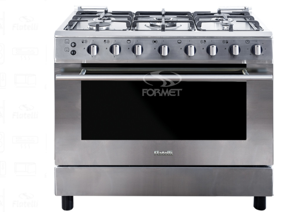 90x60 Inoks professional free standing oven Full gas oven 5 Gas burner including 1pcs wok burner 90 minute programmable mechanic timer Cast iron grid Eeasy removable double glass oven door Easy cleanable oven cavity and tray Removable Double glassed oven 