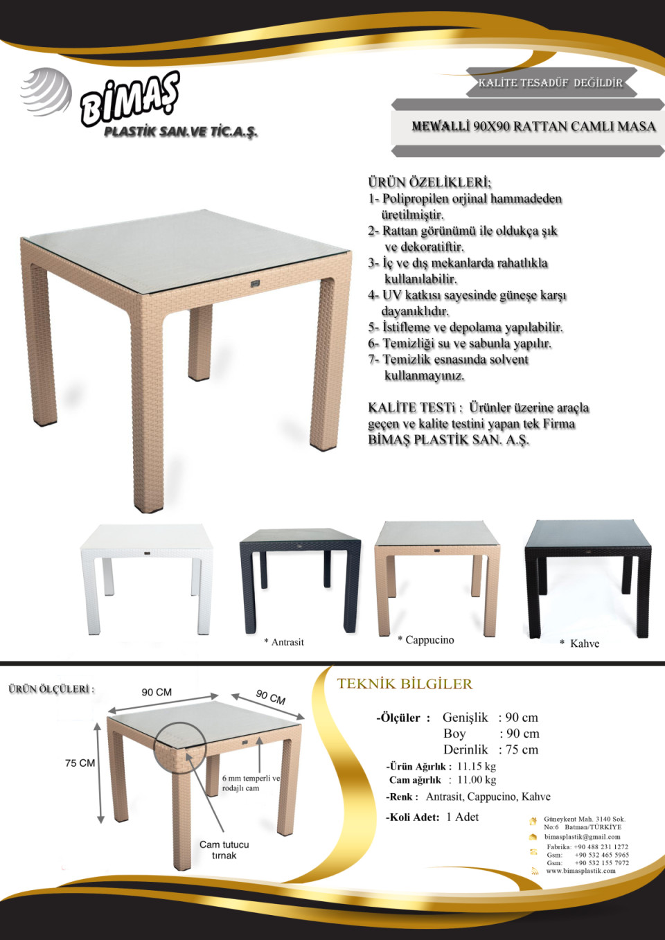 MEWALLİ 90*90CM RATTAN CAMLI MASA