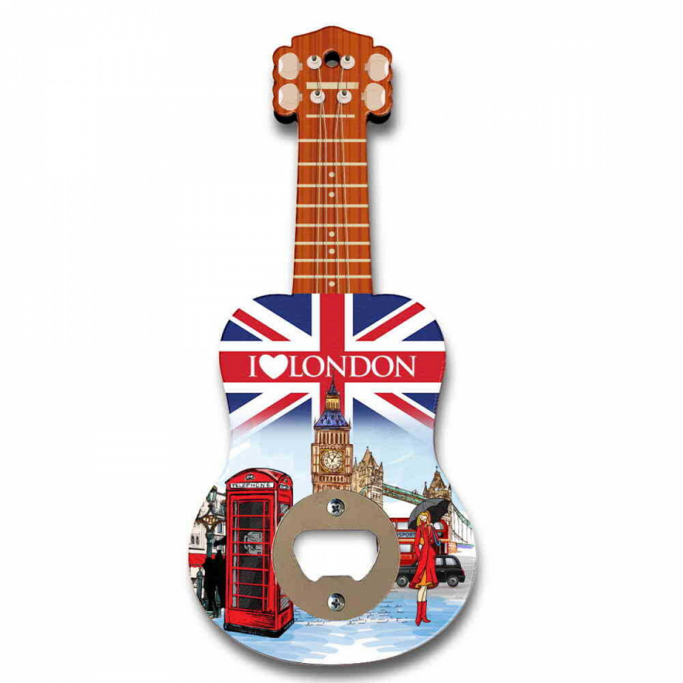 Londra Temalı Ahşap Gitar Açacak Magnet 200x89 mm